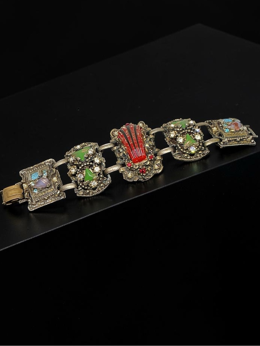 Vintage Selro Statement Bracelet Art Glass Gold Fluss Rhinestone Confetti Lucite